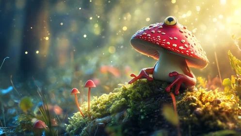 Curious mushroom creature relaxes in glowing forest light