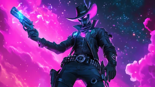 Neon sci fi gunslinger in glowing pink cosmic clouds.