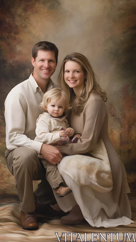 Family Portrait: Parents with Young Child in Neutral Tones.