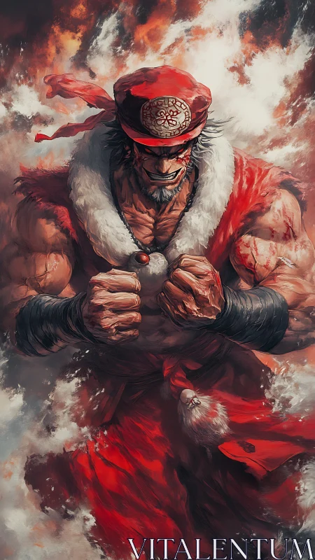 Battle-scarred warrior Santa clenches fists amid blazing sky