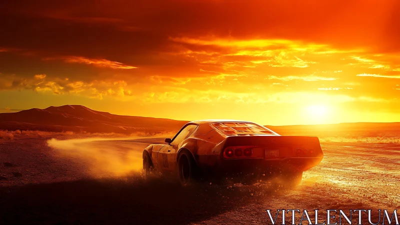 Retro sports car accelerates through blazing desert sunset