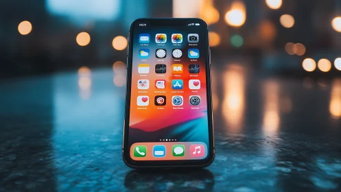 iPhone Home Screen App Grid Against Blurred City Bokeh.