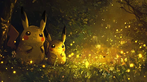 Two electric creatures watch glowing lights in dense forest