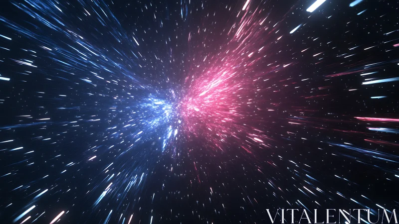 Cosmic light burst splits into radiant blue and red streams.