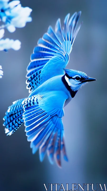 Blue Jay Mid-Flight: Iridescent Plumage and Wing Articulation Study