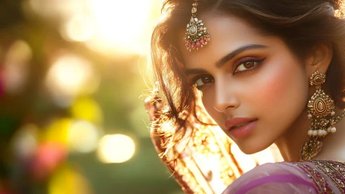Sunlit portrait of jeweled woman in ornate traditional attire.