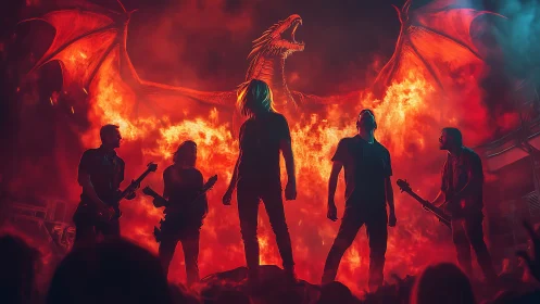 Rock band ignites the stage beneath a roaring fire dragon.