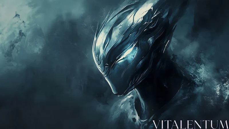 Alien chrome warrior emerges from swirling teal mist