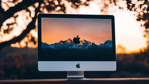 Desktop computer with sunset mountain wallpaper outdoors.