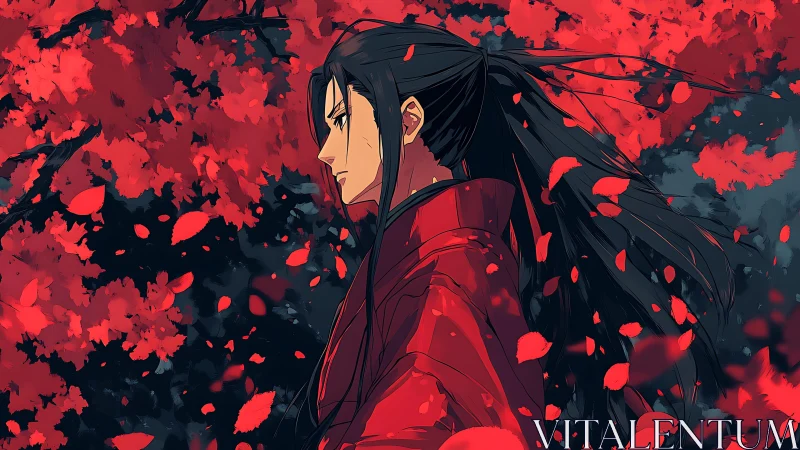 Anime profile portrait amid scarlet foliage in motion design.