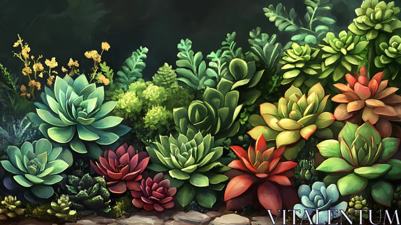 Lush succulent garden in layered luminous colors at dusk.