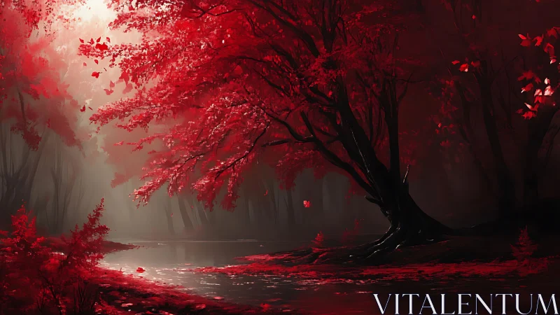 Scarlet forest glows softly beside a misty reflective river
