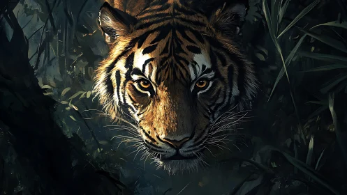 Tiger head emerging from dense forest vegetation at night.