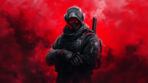 Tactical hooded operative in red volumetric smoke field.