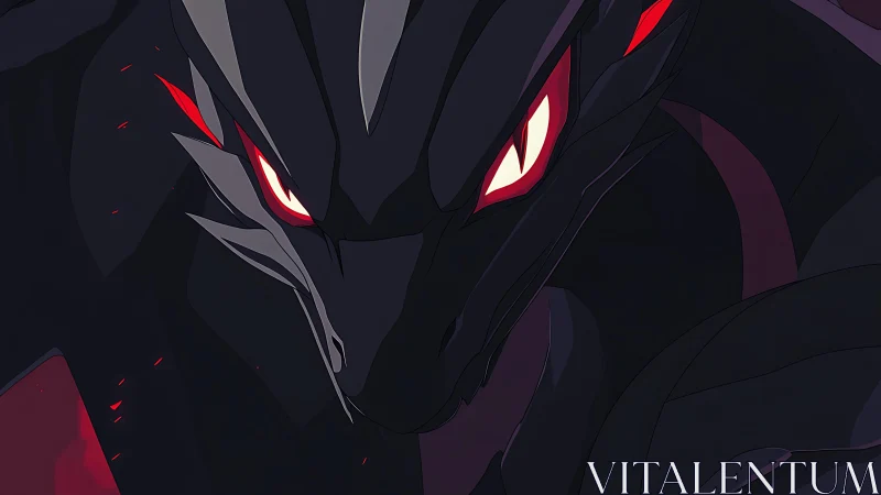 Close view of dark dragon-like creature with red eyes.