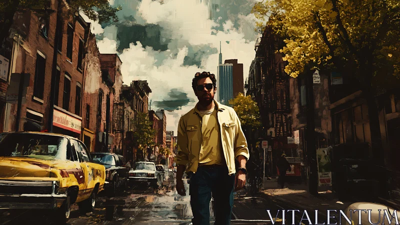 Man walks down wet city street between parked cars