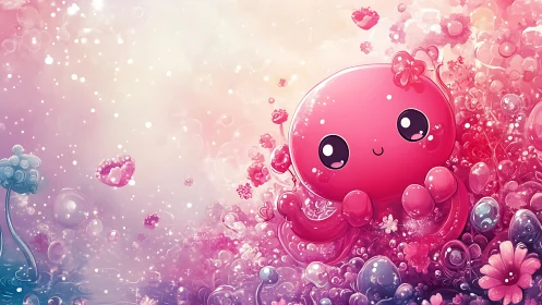 Sweet pink octopus lounging in dreamy bubble garden.