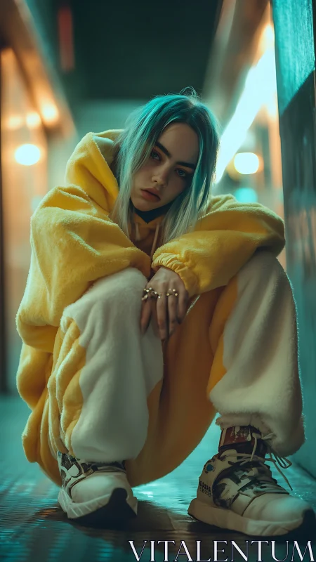 Urban neon portrait of girl in oversized yellow fleece.