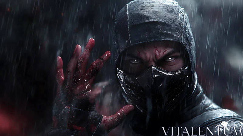 Masked warrior stares forward under heavy rain at night