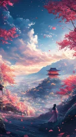 Digital landscape shows valley city with pagoda and figure