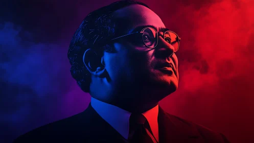 Portrait of suited man rendered with dual red and blue lighting