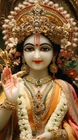 Golden divine goddess idol glows in jeweled ceremonial splendor.