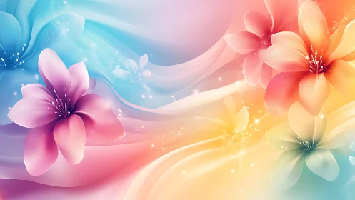 Vibrant Floral Abstract Design with Rainbow Gradient Waves.