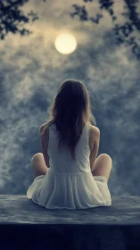 Photorealistic moonlit portrait with backlit seated figure.