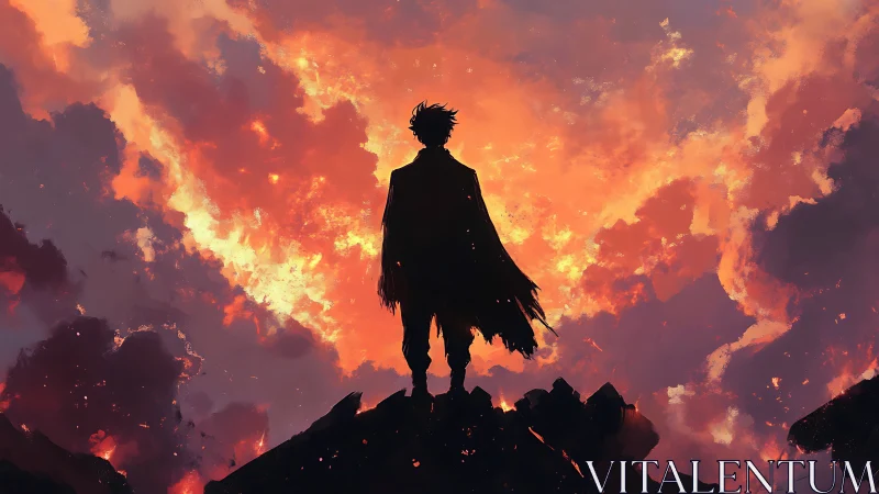 Silhouetted wanderer on volcanic ridge against blazing sky