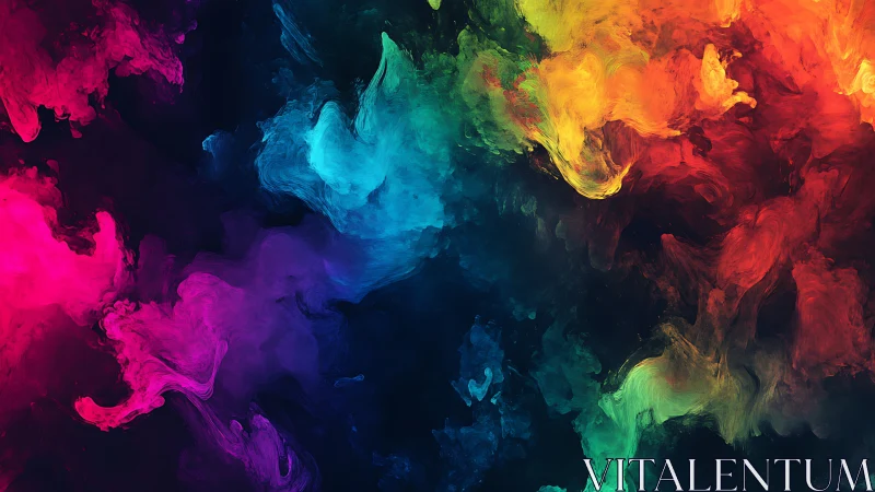 Chromatic nebula clouds swirling through deep shadowed void.