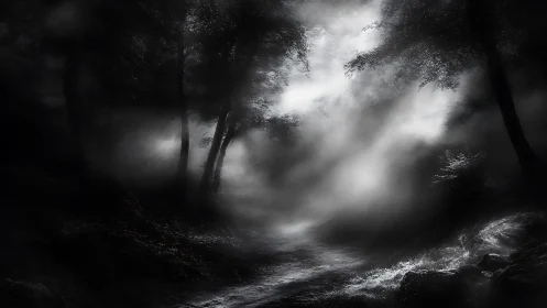 Dark woodland path with dense mist and soft light.