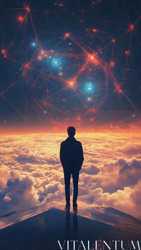 Solitary figure surveys nebular network above cloud horizon.