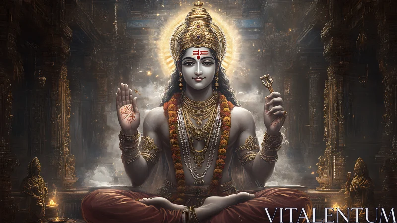 Divine deity in ornate mandir, luminous gold halo and jewels.