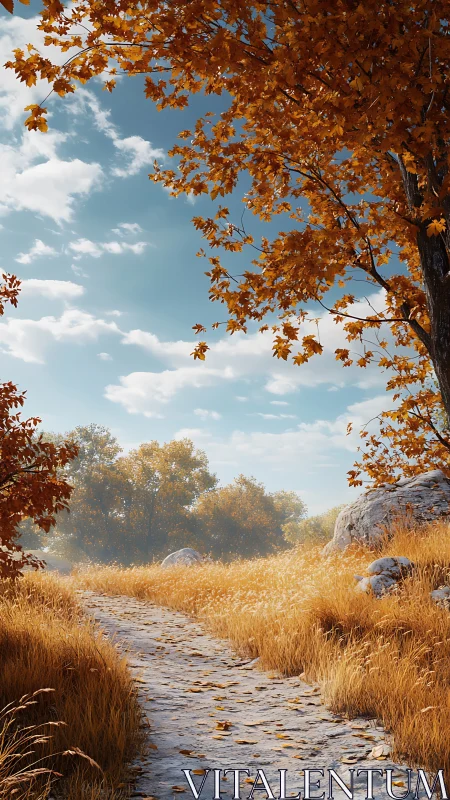 Golden meadow path curls quietly beneath an autumn sky