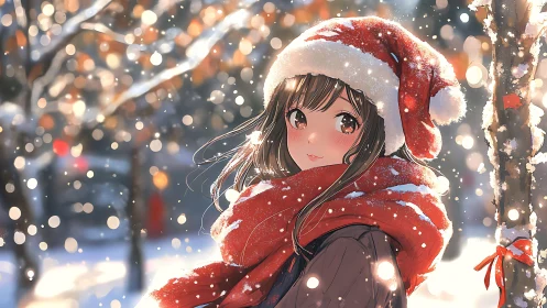 Snow-lit anime portrait uses bokeh depth and warm rim lighting