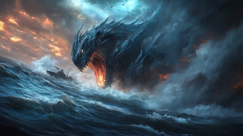 Digital painting of colossal sea dragon storm confrontation.