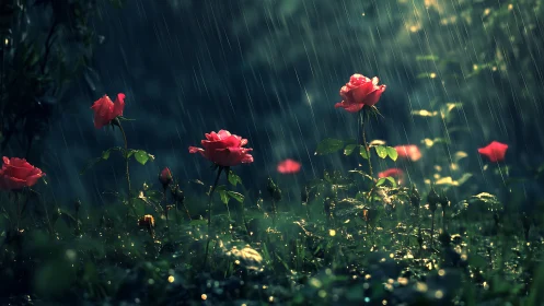 Rainlit roses hold their ground beneath a silver storm