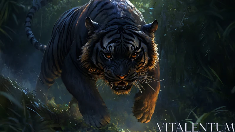 Midnight tiger prowl through moonlit jungle shadows.