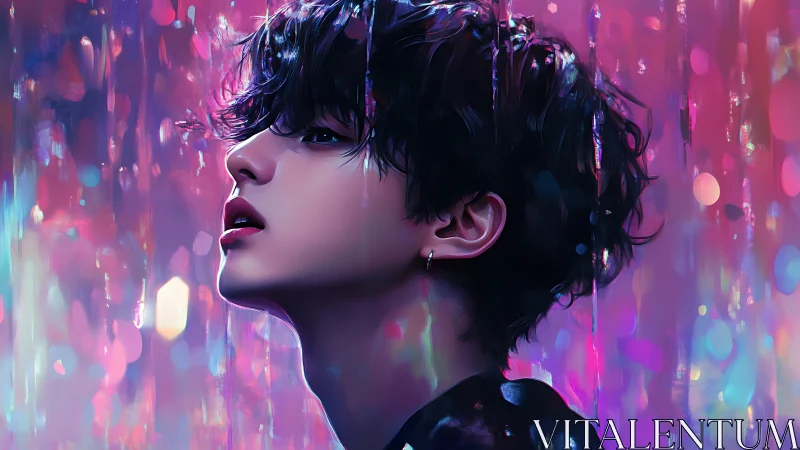 Digital painting portrait under neon prismatic bokeh veil.