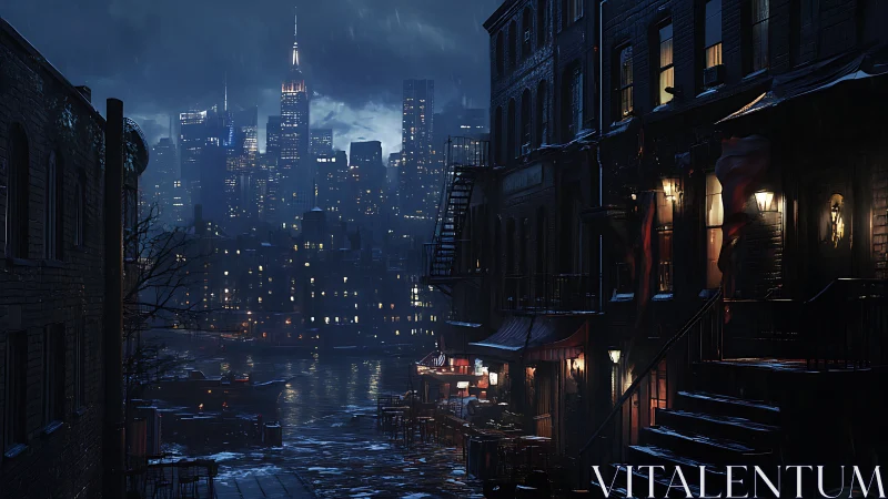 Urban waterfront alley overlooks illuminated high-rise skyline