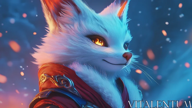 Heroic white fox warrior with glowing golden eyes.