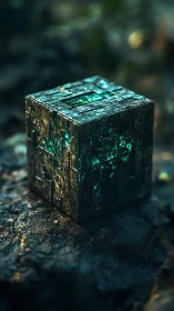 Weathered metallic cube with teal internal glow on stone.