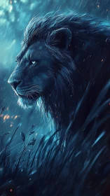 Moonlit lion stalks rain-swept grassland in cobalt glow.