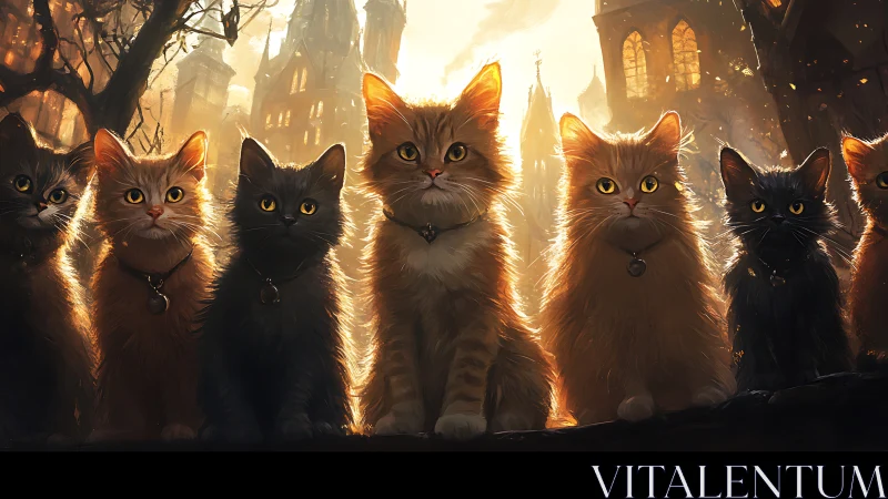 Glowing Cats Before Gothic Architecture at Sunset