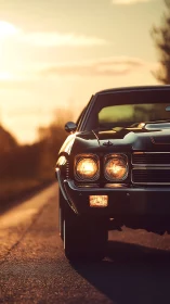 Sunlit classic muscle car front captured in shallow focus