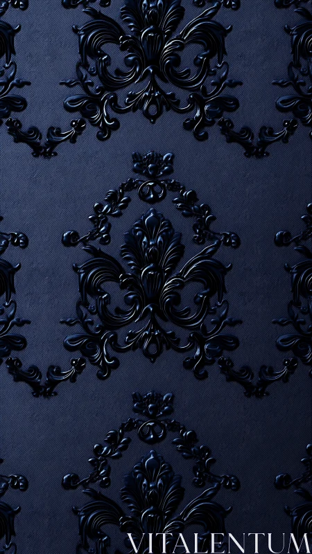 Nocturne damask arabesques in glossy midnight inked relief.