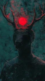 Antlered human silhouette confronts a glowing crimson moon