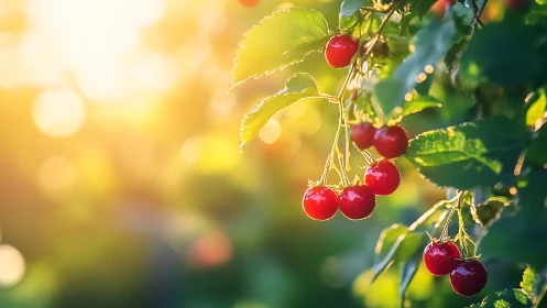 Sunlit cherries linger like tiny glass lanterns at dusk