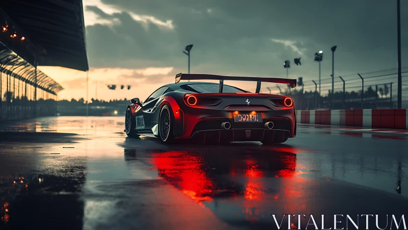 Twilight reflections with a red supercar on wet racetrack.