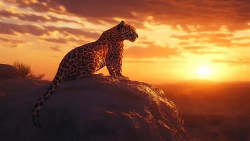 Leopard silhouette against golden sunset sky. Solitude.
